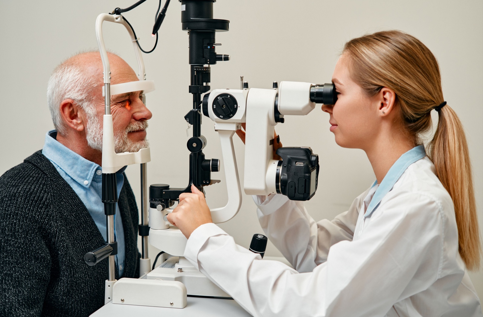 A senior undergoes a comprehensive eye examination so his eye doctor can check for age-related macular degeneration and other eye conditions or diseases.