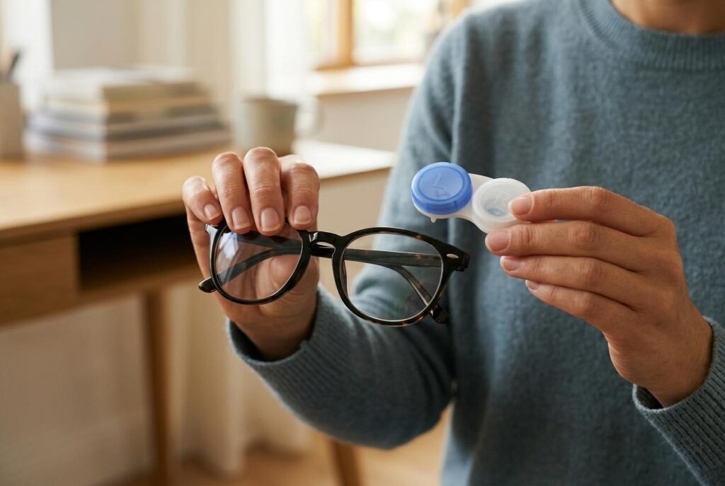 Person holding a pair of glasses in one hand and an open contact lens case in the other, indoors near a desk.