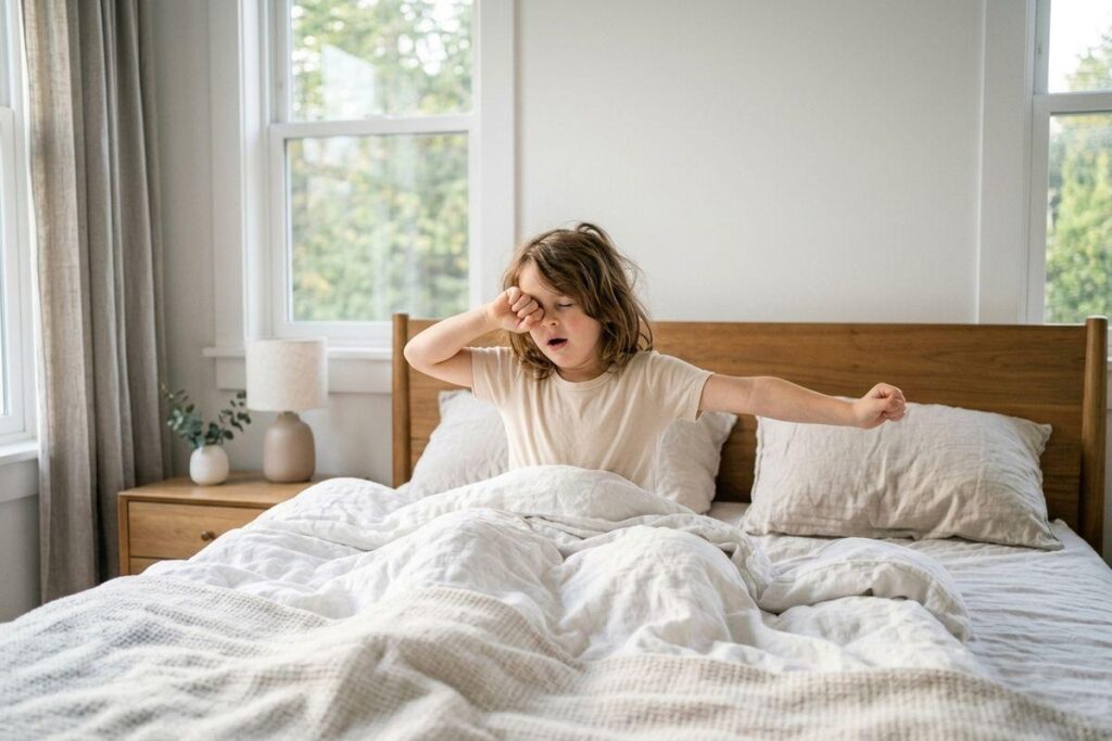 Child sitting up in bed, yawning and rubbing one eye while stretching an arm, in a bright bedroom.