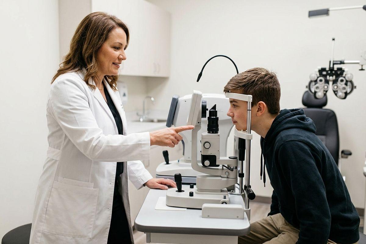 Optometrist operating a slit lamp while a young person rests their chin on the device during an eye exam.