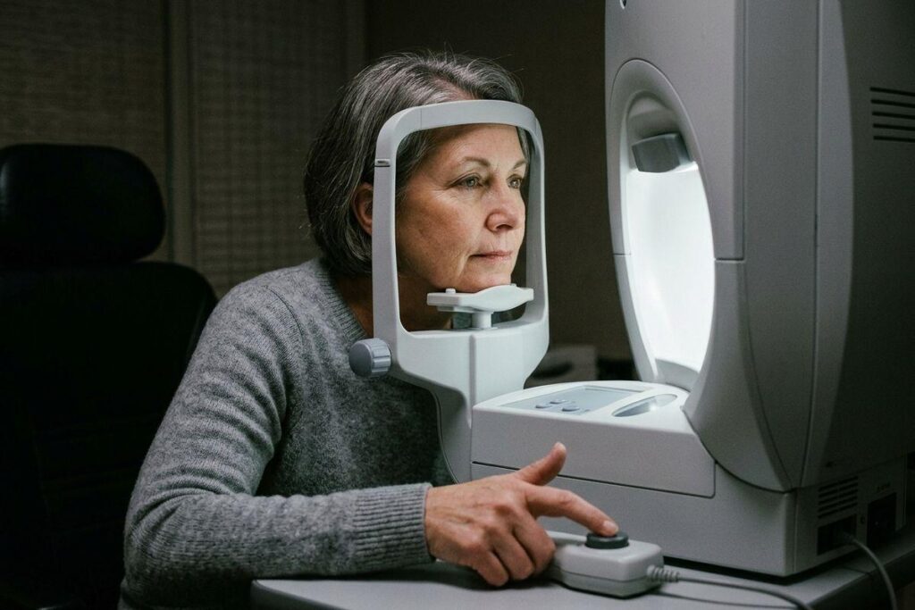 Older adult resting chin on an eye-testing machine in a darkened exam room, hand on a handheld response button.