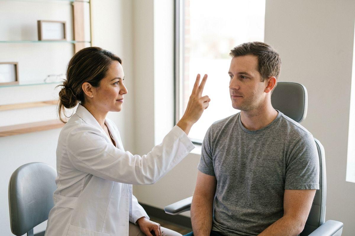 Optometrist holds up two fingers in front of a patient seated in an exam chair, testing vision in a bright clinic room.